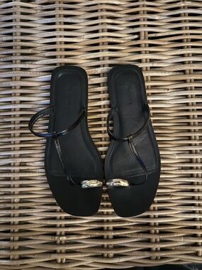 Madewell Black T-Strap Sandals with chunky gold accent